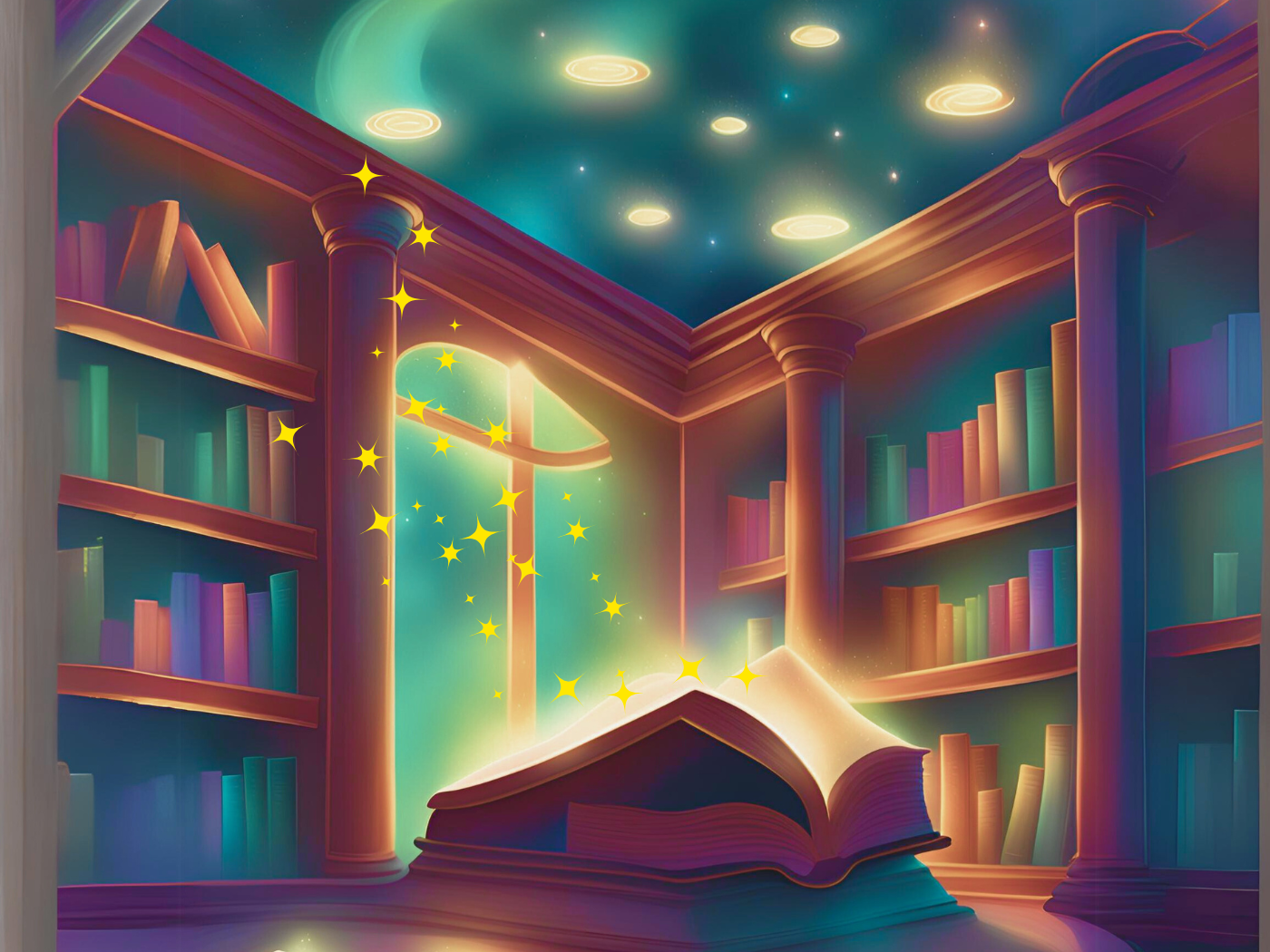 Un livre ouvert avec des étoiels qui en sortent au centre de la pièce avec des étagères de livres autour 